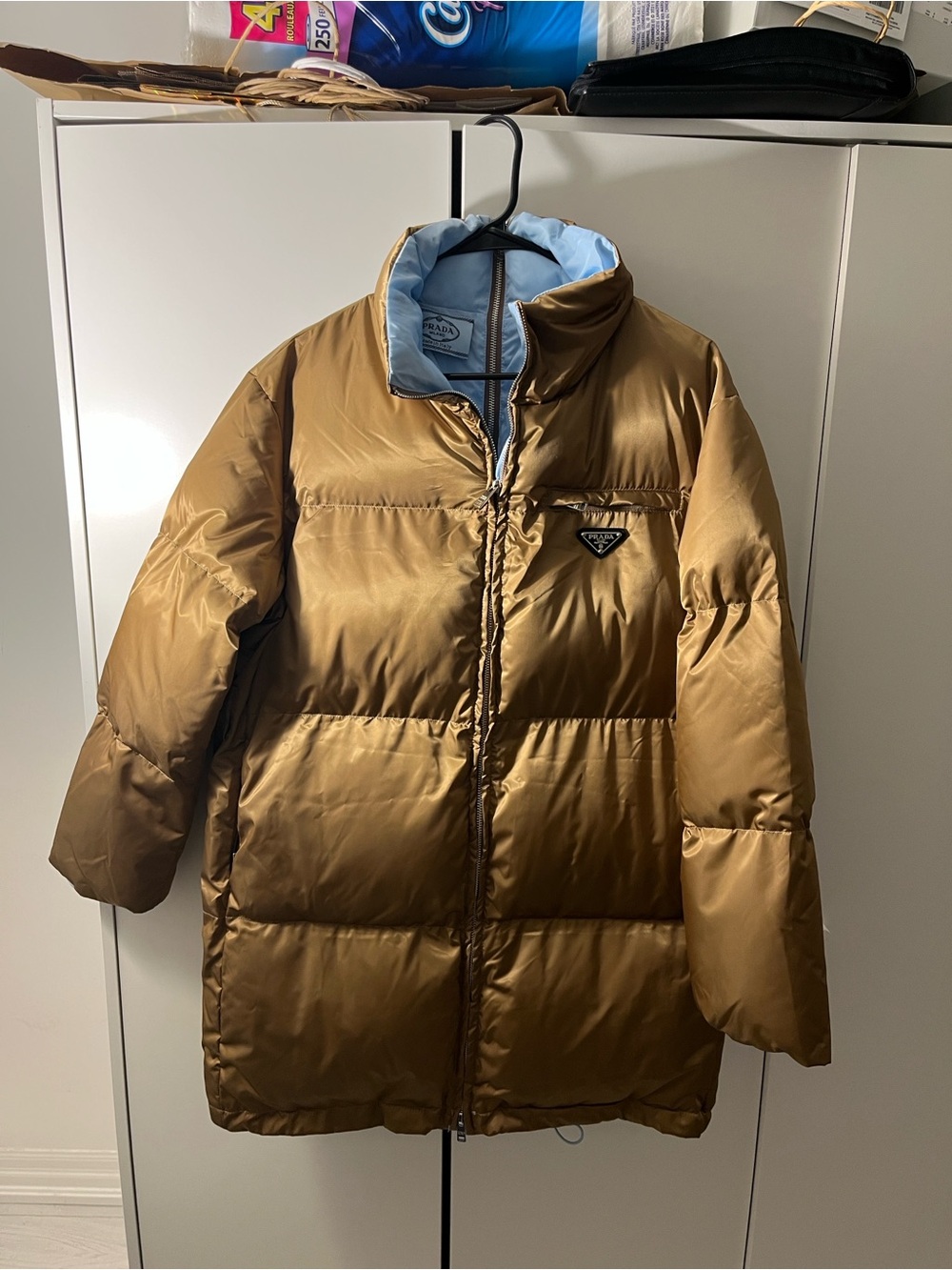 Metallic Brown Golden Puffer Jacket with Light Blue Lining